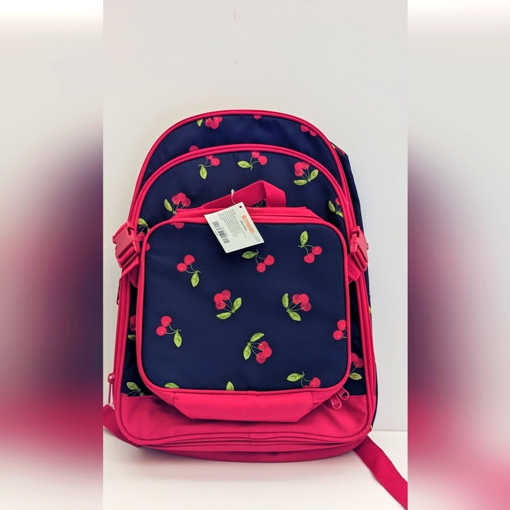 Kids Cherries Backpack Set Gymboree Insulated Lunchbox Navy Red Print Buckle